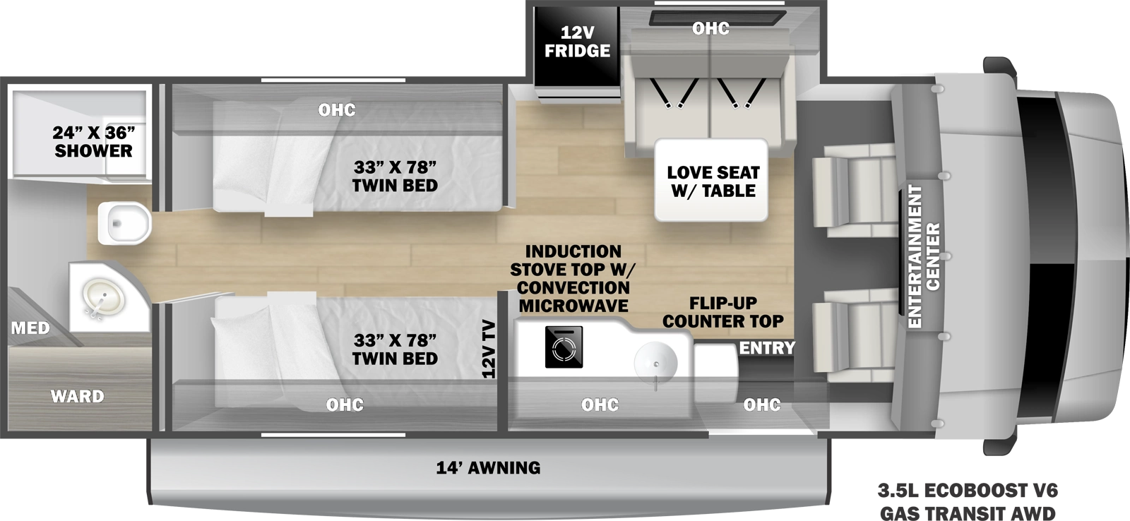 The Solera TS237 floorplan has one entry and one slide out. Exterior features include: 15' awning. Interiors features include: rear bathroom.